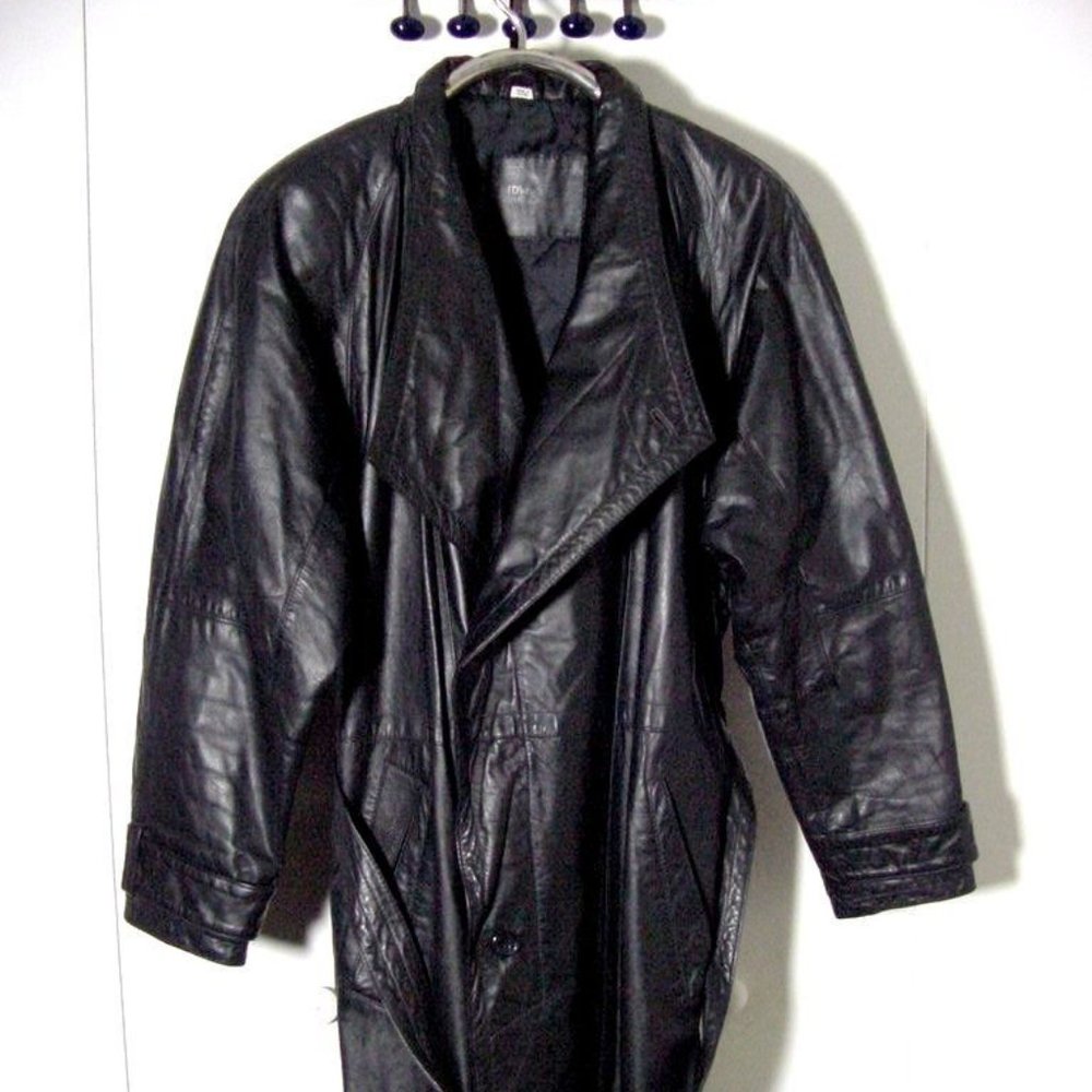 Vtg 80's Women's Black Leather Belted Trench Coat Sz M Midwest International